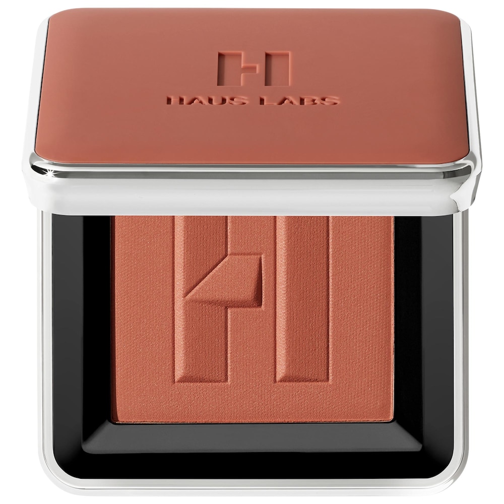 HAUS LABS BY LADY GAGA Color Fuse Blush in Fire Moon, open square compact with a beige-peach powder blush