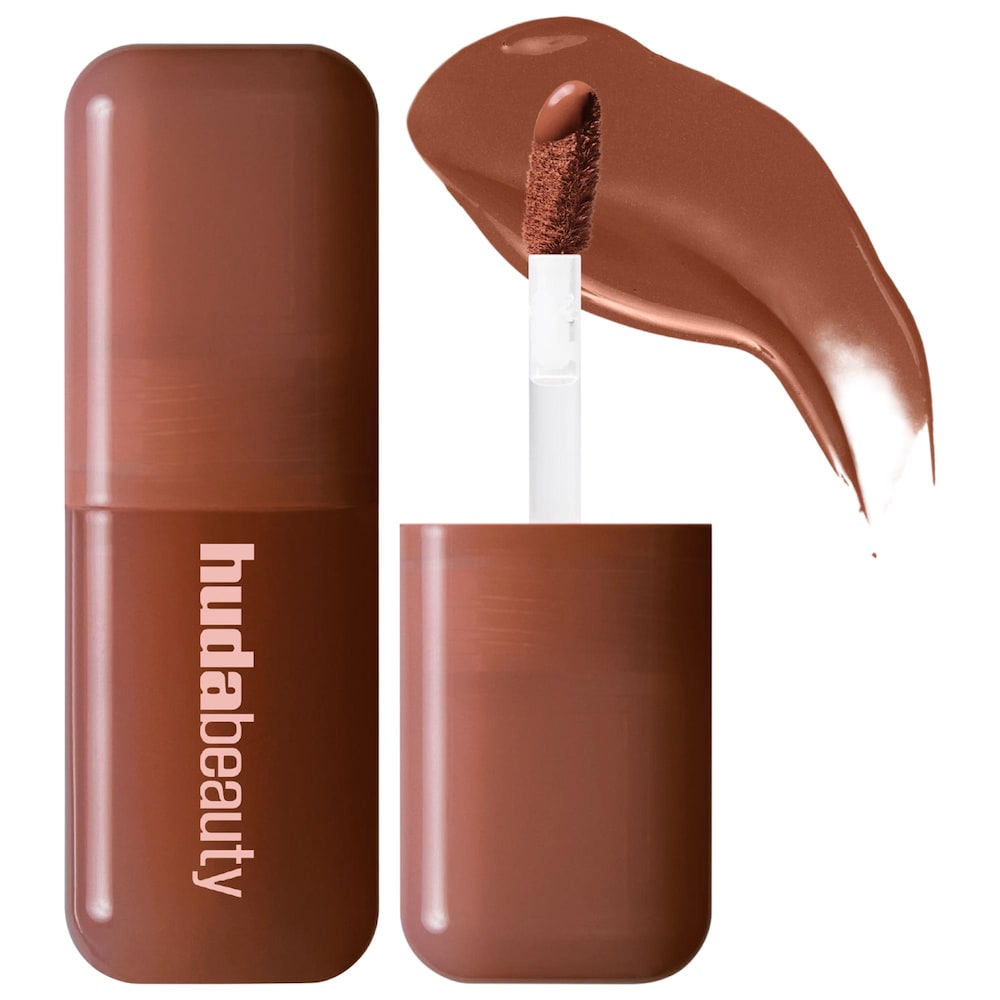 HUDA BEAUTY Blush Filter Soft Glow Liquid Blush in Latte, brown bottle with applicator and a swatch of the shade