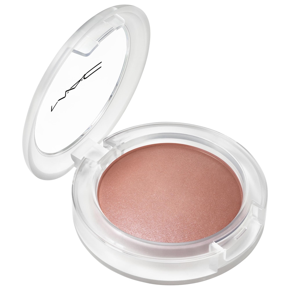 MAC Cosmetics Glow Play Cushiony Blush in Blush, Please, open clear compact with a neutral light mauve cream blush