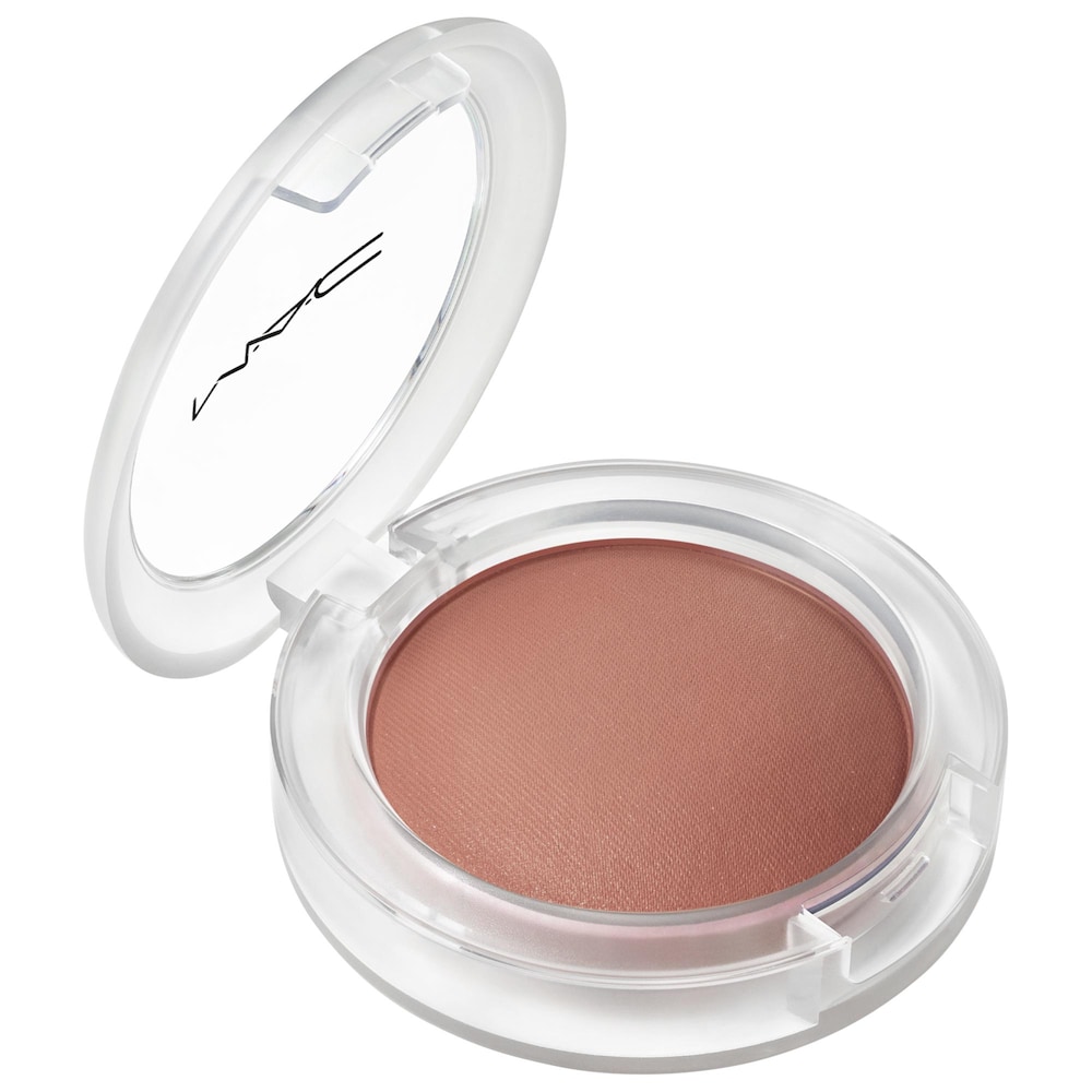 MAC Cosmetics Glow Play Cushiony Blush in Ginger Luck, open clear compact with a smoky peach cream blush