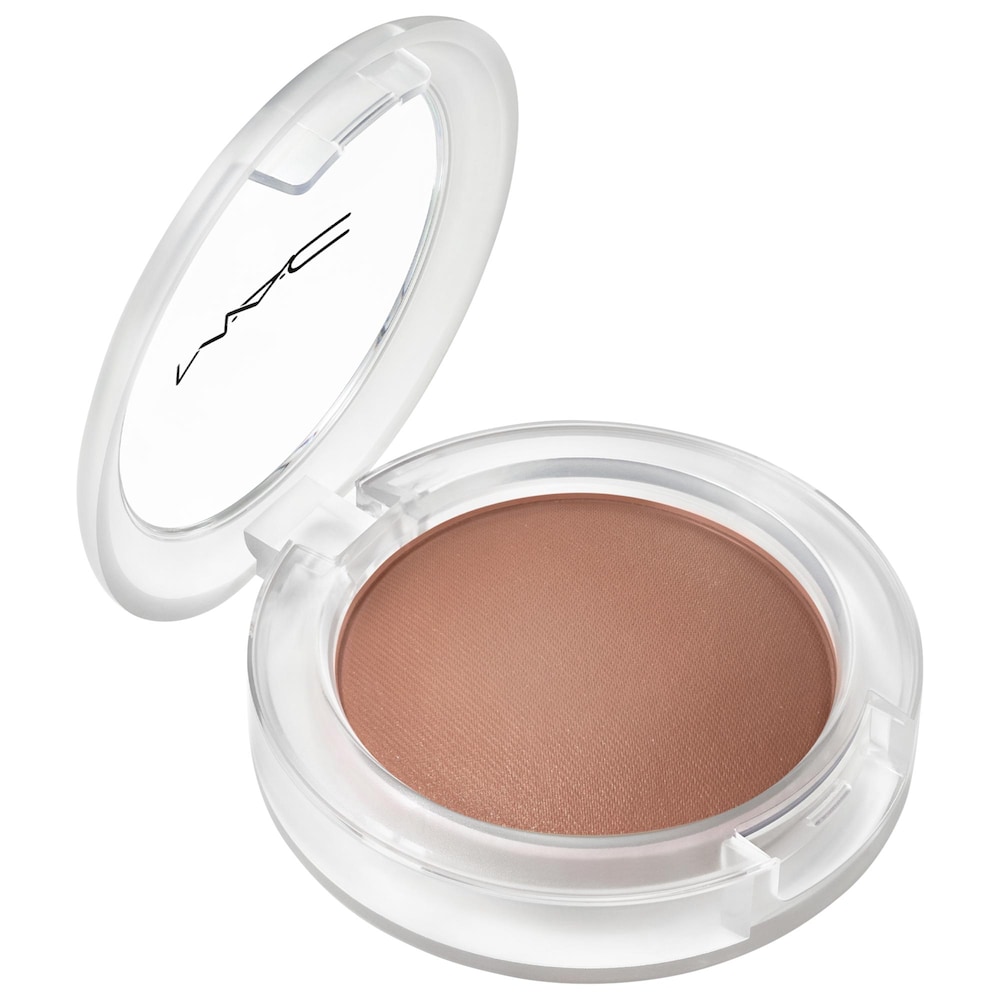 MAC Cosmetics Glow Play Cushiony Blush in True Harmony, open clear compact with a muted rose-beige cream blush
