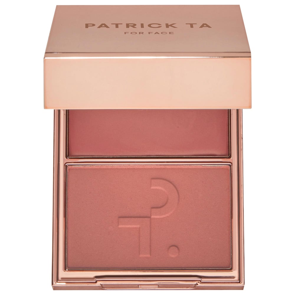 PATRICK TA Major Headlines Double-Take Crème & Powder Blush Duo in She’s Seductive, open rose-gold compact with warm mauve-rose cream and powder